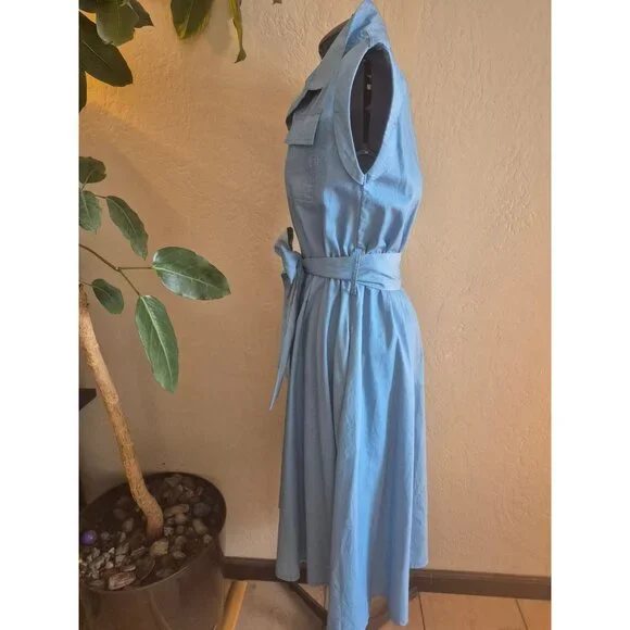 Aaron & Amber Light Blue Sleeveless Button-Up Shirt Dress With Belt - Size Small - Picture 2 of 6